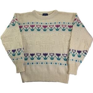 Vintage Woolrich Wool Tulips Sweater Ivory Floral Women's Medium Knit Pullover